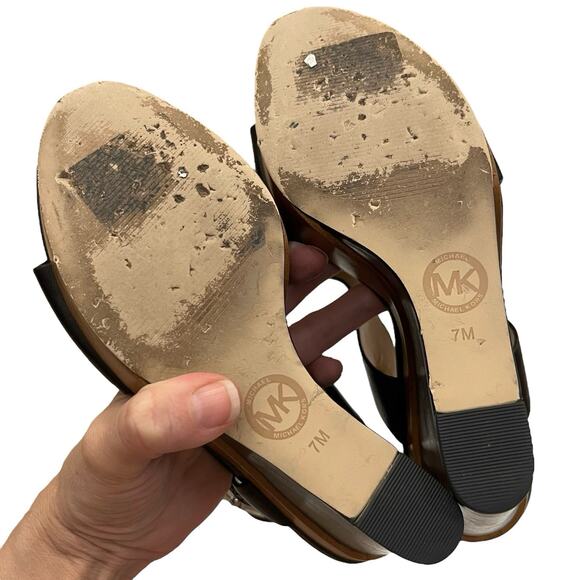 Michael Kors Josephine Wedge Sandals Size 7M Black Leather Wood Look Open Toe - Picture 9 of 12